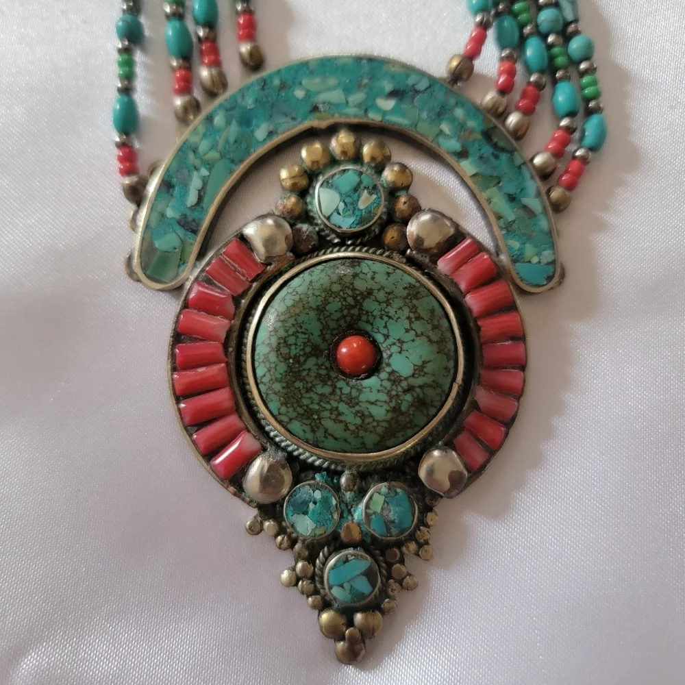 Antique Moroccan Turquoise and Red Coral Berber Bijou Necklace - Picture 2 of 8